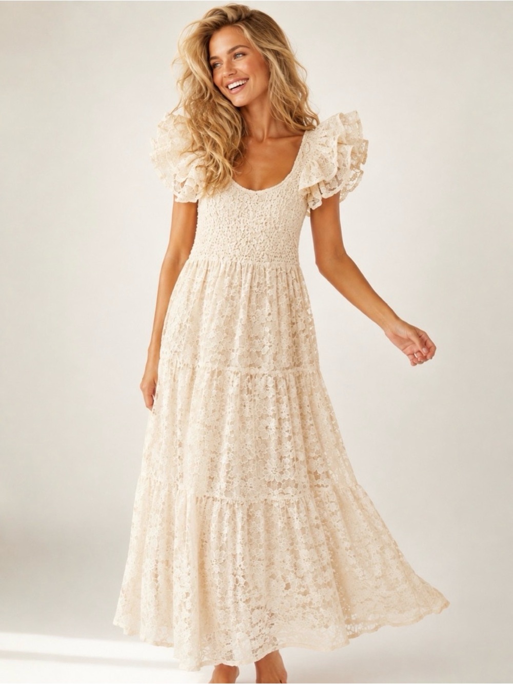 Elegant Lace Maxi Dress with Ruffled Shoulders - Cream - Picture 4 of 6
